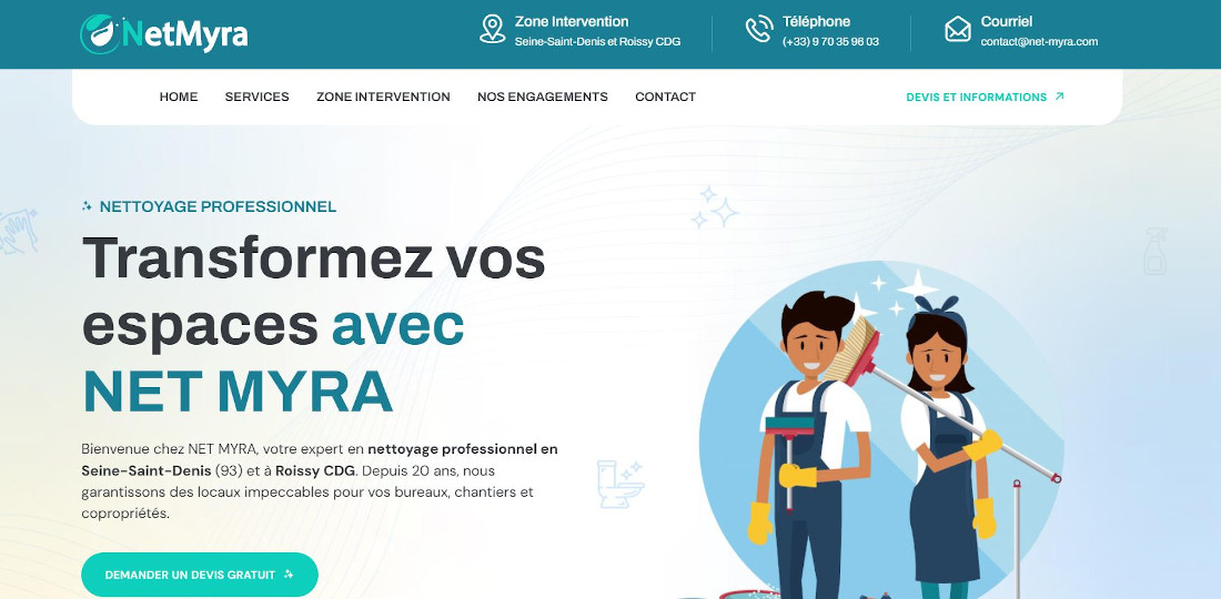 Site web de Netmyra, nettoyage professionnel en Seine-Saint-Denis