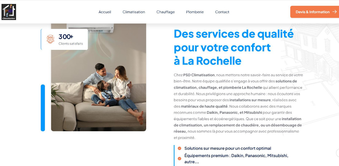 Site web de PSD Climatisation, expert BTP à La Rochelle